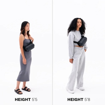 Two women modeling outfits at different heights, labeled 5'5" and 5'8", demonstrating how clothing proportions vary with body height.