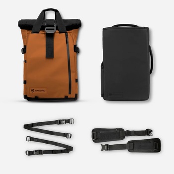 Four modular camera bag components displayed: tan rolltop backpack, black sleeve case, shoulder straps, and accessory pouches.