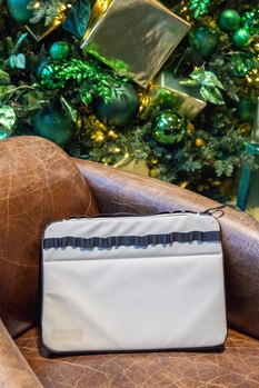 White and navy striped fabric pouch displayed on brown leather against a vibrant green holiday decoration backdrop.