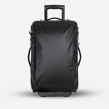 Black rolling carry-on luggage with telescoping handle and side handles against neutral background.