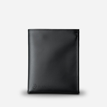 Black leather bifold wallet photographed against a light gray background with soft shadow beneath.