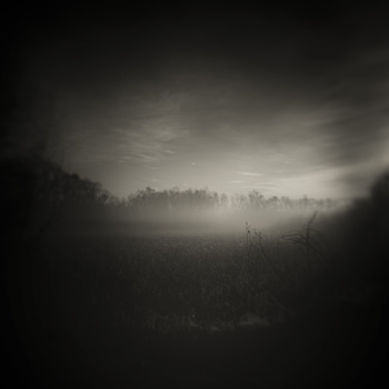 Misty landscape with forested hills under heavy overcast sky and low-lying fog.
