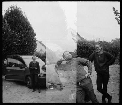 Black and white composite photograph showing multiple exposures of people and a car arranged in a grid format.
