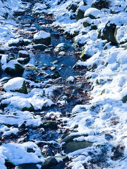 Snow-covered rocks frame a flowing stream in winter landscape.