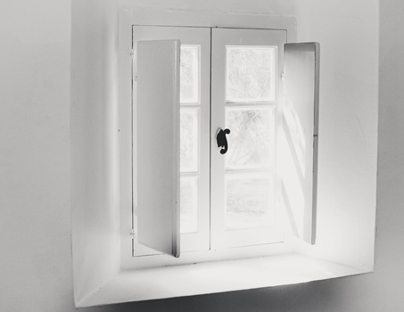 Minimalist photograph of an open white cabinet or enclosure with glass doors and a black handle against a white wall.