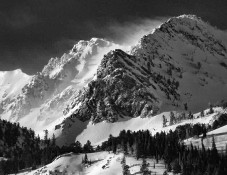 Snow-covered mountain peaks with forested slopes in dramatic black and white lighting.