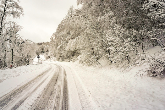 Snow-covered road curving through a dense winter forest with frost-laden trees lining both sides.