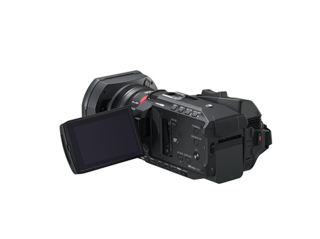 Black compact camcorder with articulating LCD screen extended to the side.