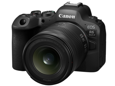 Canon EOS R6 Mark II mirrorless camera with attached RF lens on white background.