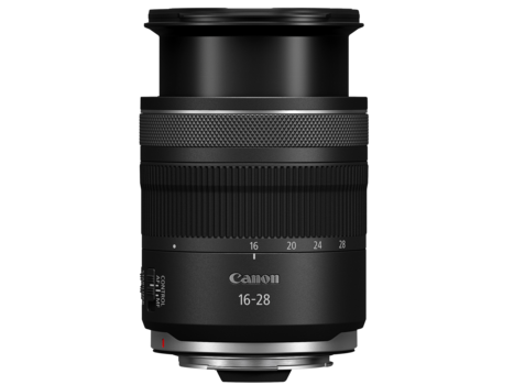 Canon RF 16-28mm f/2.8 L IS USM lens shown in full profile against a white background.