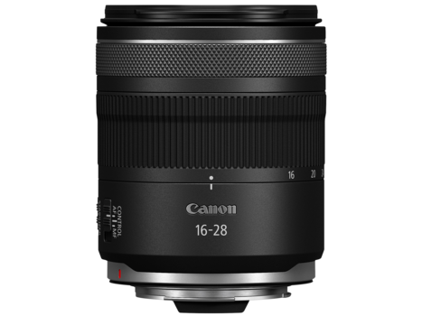 Canon RF 16-28mm f/2.8L IS USM lens with black barrel and focus ring against white background.