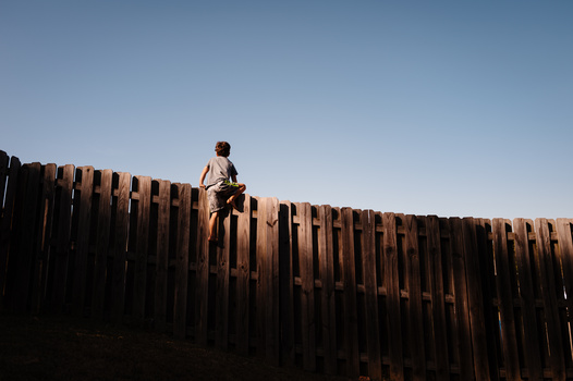 Person climbing atop a tall wooden fence against a clear blue sky.