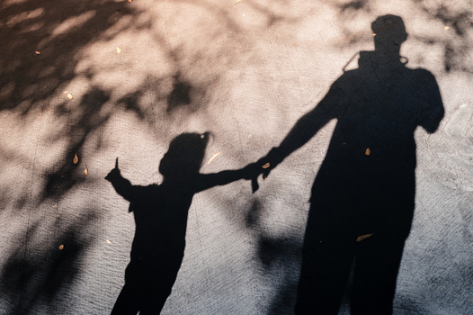 Silhouettes of an adult and child holding hands, cast as shadows on pavement with dappled tree shadows.