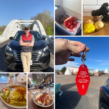 Collage of six photos showing a photographer with a vehicle, produce, a motel key, and food styling details.