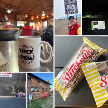 Collage of travel and Route 66 photography featuring a mug, highway sign, snacks, and roadside locations.