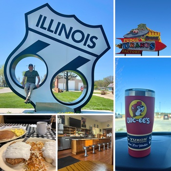 Collage of Illinois travel destinations including a shield-shaped Illinois road sign, vintage diner signage, a branded beverage cup, and interior shots of a restaurant and bar.