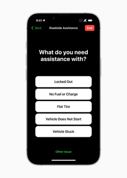 Screenshot of a roadside assistance app showing a menu of service options including locked out, no fuel or charge, flat tire, vehicle won't start, and vehicle stuck.
