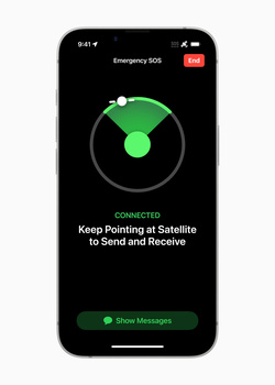 Screenshot of emergency SOS satellite connectivity interface on smartphone displaying green circular satellite connection indicator.