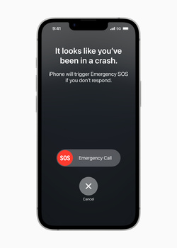 Screenshot of iPhone crash detection screen with Emergency SOS prompt and Cancel button.