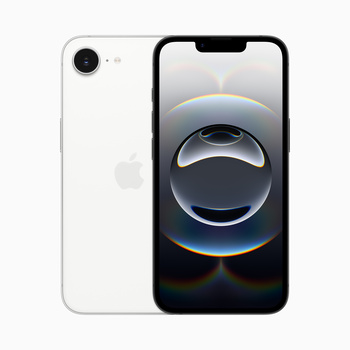 White iPhone displaying a spherical 3D rendered object with blue and orange lighting effects on its screen.