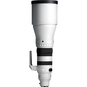 White telephoto lens with black grip and tripod collar against white background.