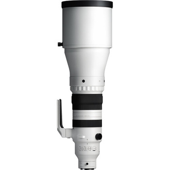 White telephoto lens with black accents and grip shown against white background.