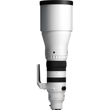 White and black telephoto lens with extended barrel and tripod collar against white background.