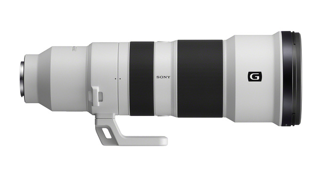 Sony G-series telephoto lens with white barrel, black focus ring, and tripod mount collar.