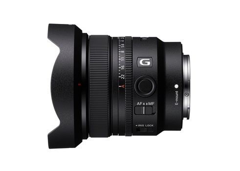 Sony G-series wide-angle lens with attached lens hood, shown against a white background.