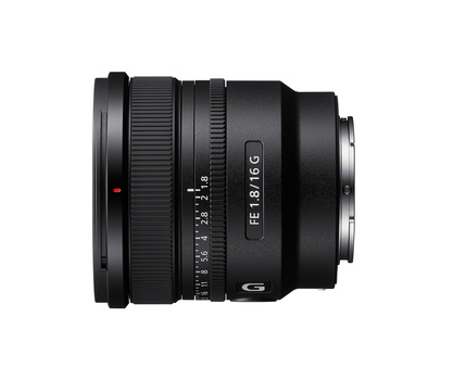 Sony FE 16-35mm f/2.8 GM wide-angle zoom lens with focus ring and distance scale visible.