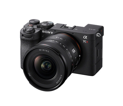 Sony α7C mirrorless camera with attached 28mm lens, shown from a three-quarter front view against a white background.