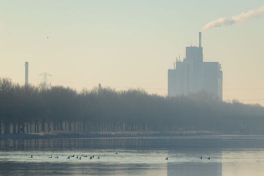 Industrial waterfront at dawn with frozen river, bare trees, and factory buildings in mist.