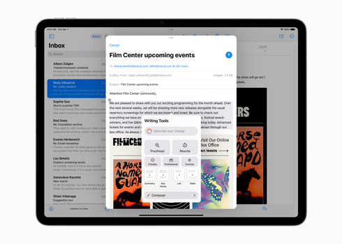 Screenshot of an email inbox with a modal popup displaying Film Center upcoming events and Writing Tools resources.