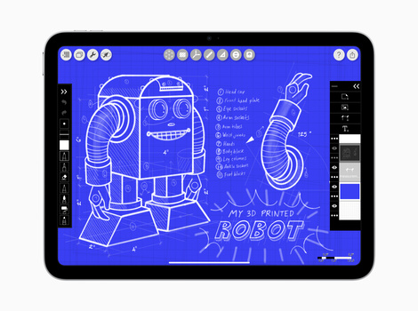 Screenshot of digital illustration software displaying a blueprint-style robot character design with technical annotations.