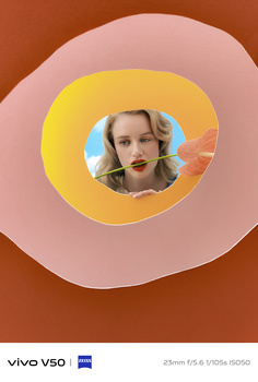 Portrait photograph framed by concentric circles of pink and yellow against warm brown background.