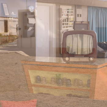 Vintage television set and retro furniture displayed on orange platform with mid-century interior design backdrop.
