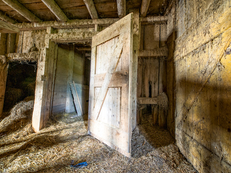 Deteriorated interior hallway with peeling walls, wooden beams, and open doorways revealing deeper rooms.
