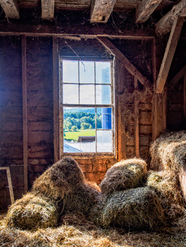 Hay bales stacked inside a rustic barn interior, framed by a large window overlooking a distant landscape.
