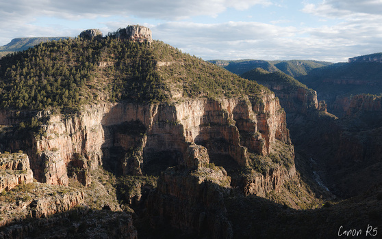Dramatic layered cliff formations with dense forest coverage and deep canyon valleys beneath cloudy skies.