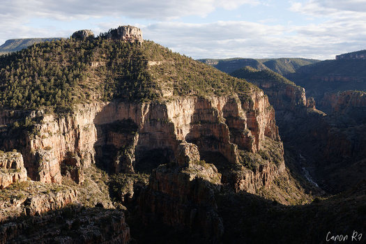 Dramatic sandstone cliffs with forested ridges and deep canyon valleys under partly cloudy sky.