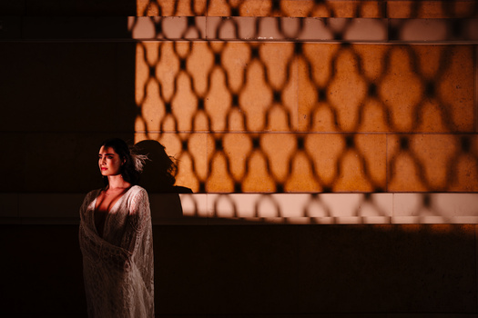 Woman in flowing garment standing in dramatic side-lit shadow cast by chain-link fence on dark wall.