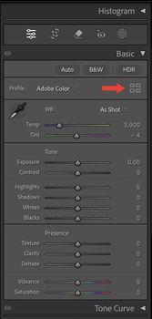 Screenshot of Adobe Lightroom's Basic panel with Histogram and tone adjustment sliders.