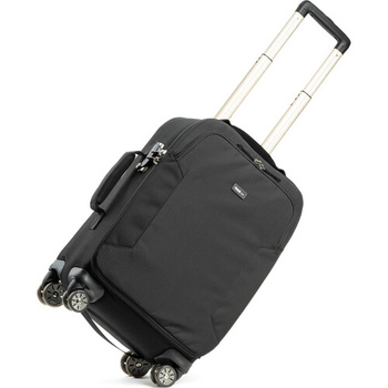 Black rolling carry-on suitcase with telescoping handle and four wheels against white background.