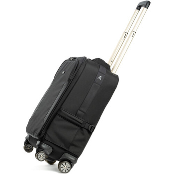 Black rolling luggage with extended telescoping handle on white background.