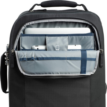 Black camera backpack with open front compartment displaying organized gear storage pockets.
