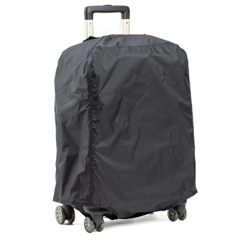 Black luggage protective cover fitted over a four-wheel carry-on suitcase.