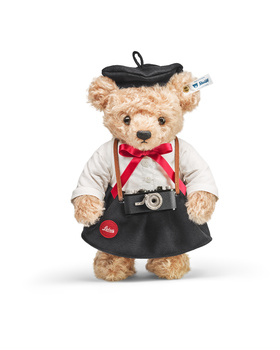 Stuffed teddy bear wearing a black beret, cream cardigan, red bow tie, and black skirt with vintage camera accessory.