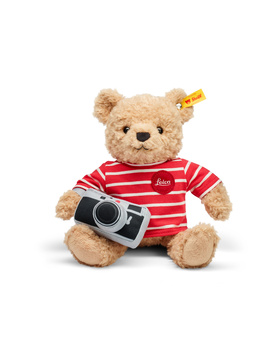 Plush teddy bear wearing red striped shirt and holding vintage camera toy.