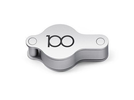 Metal lens cap with 100 printed on the top surface and mounting holes on each side.