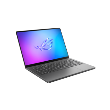 Laptop with gradient purple-to-blue display showing an abstract wing logo.